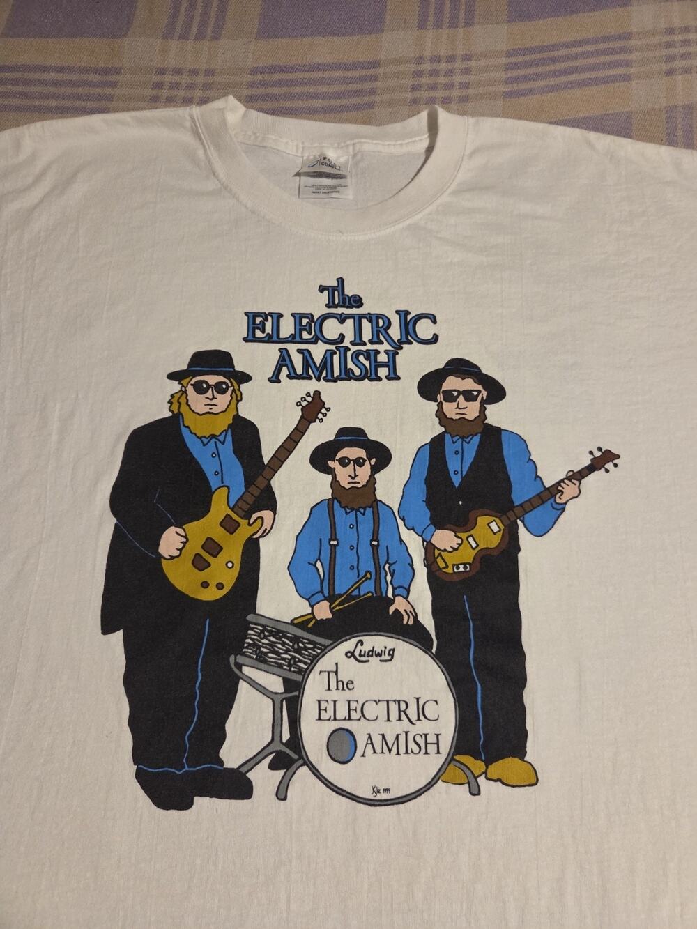 Vintage 90s The Electric Amish T Shirt Band Music Parody Ludwig Concert Guitar